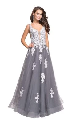 La Femme 25624 Dress 11 La Femme 25624 Dress -Clothing Shop La femme 25624 GrayWhite F2